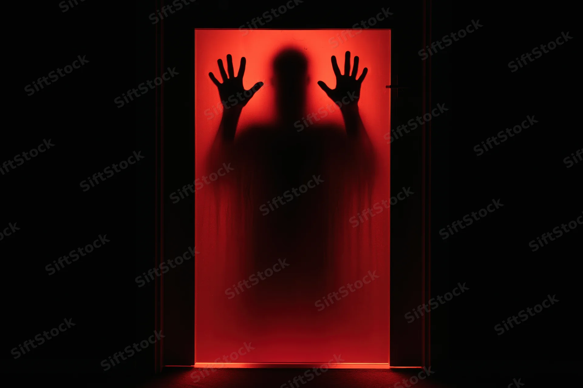 Silhouette of a person pressing hands against a frosted glass door in red light