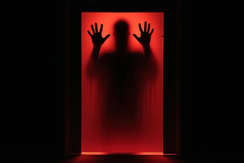 Silhouette of a person pressing hands against a frosted glass door in red light