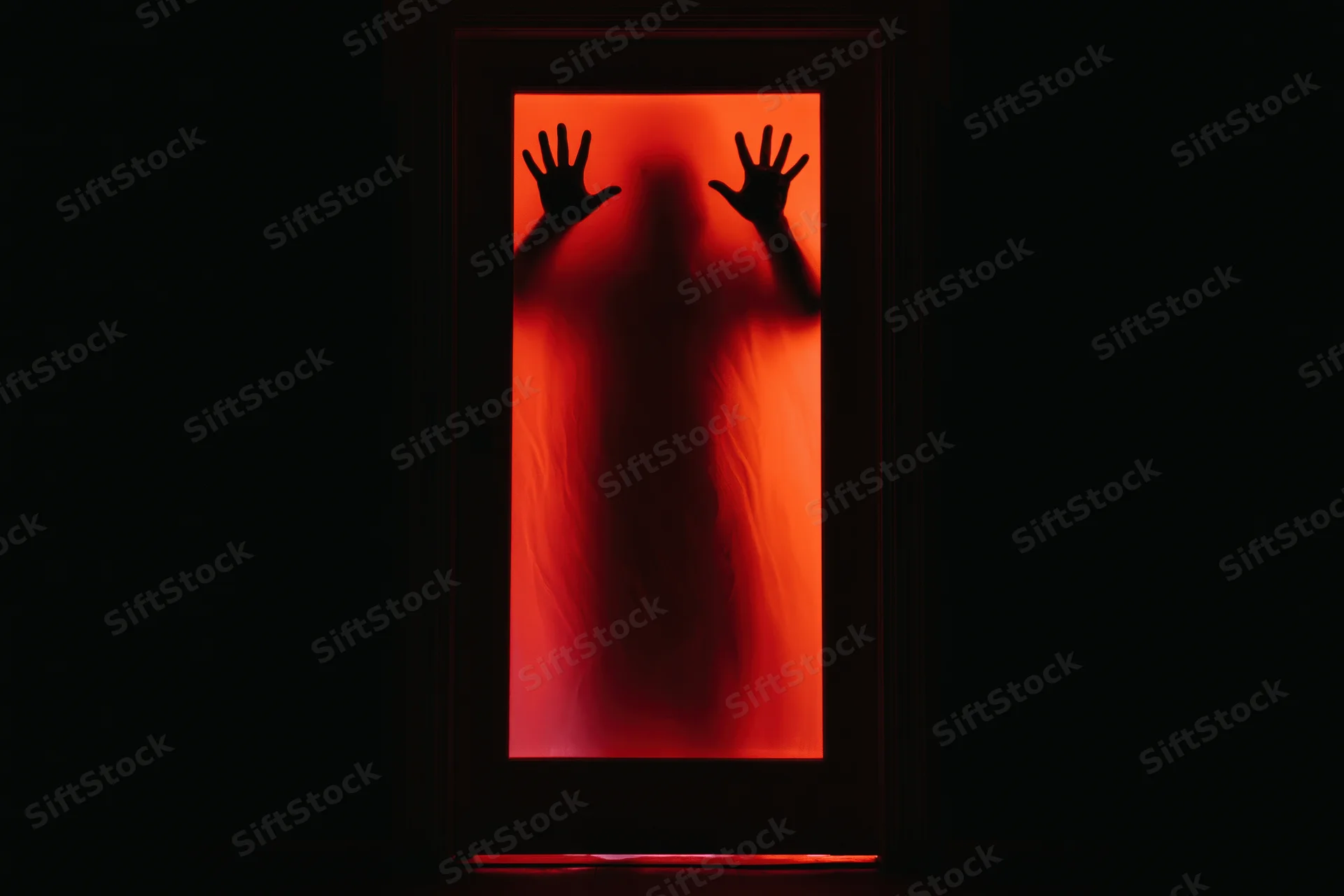 Dark silhouette of a figure pressing hands against a frosted door lit with red light