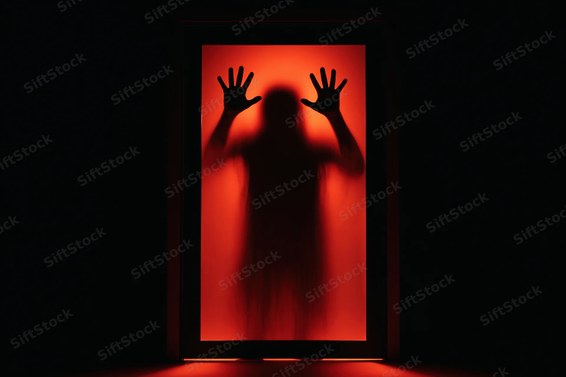 Silhouette of a figure pressing hands against a frosted glass door in red light