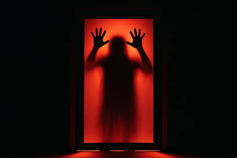 Silhouette of a figure pressing hands against a frosted glass door in red light