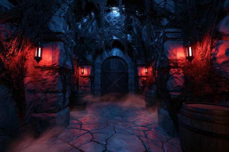 Dark stone dungeon corridor with arched door and red lanterns leading into misty depths