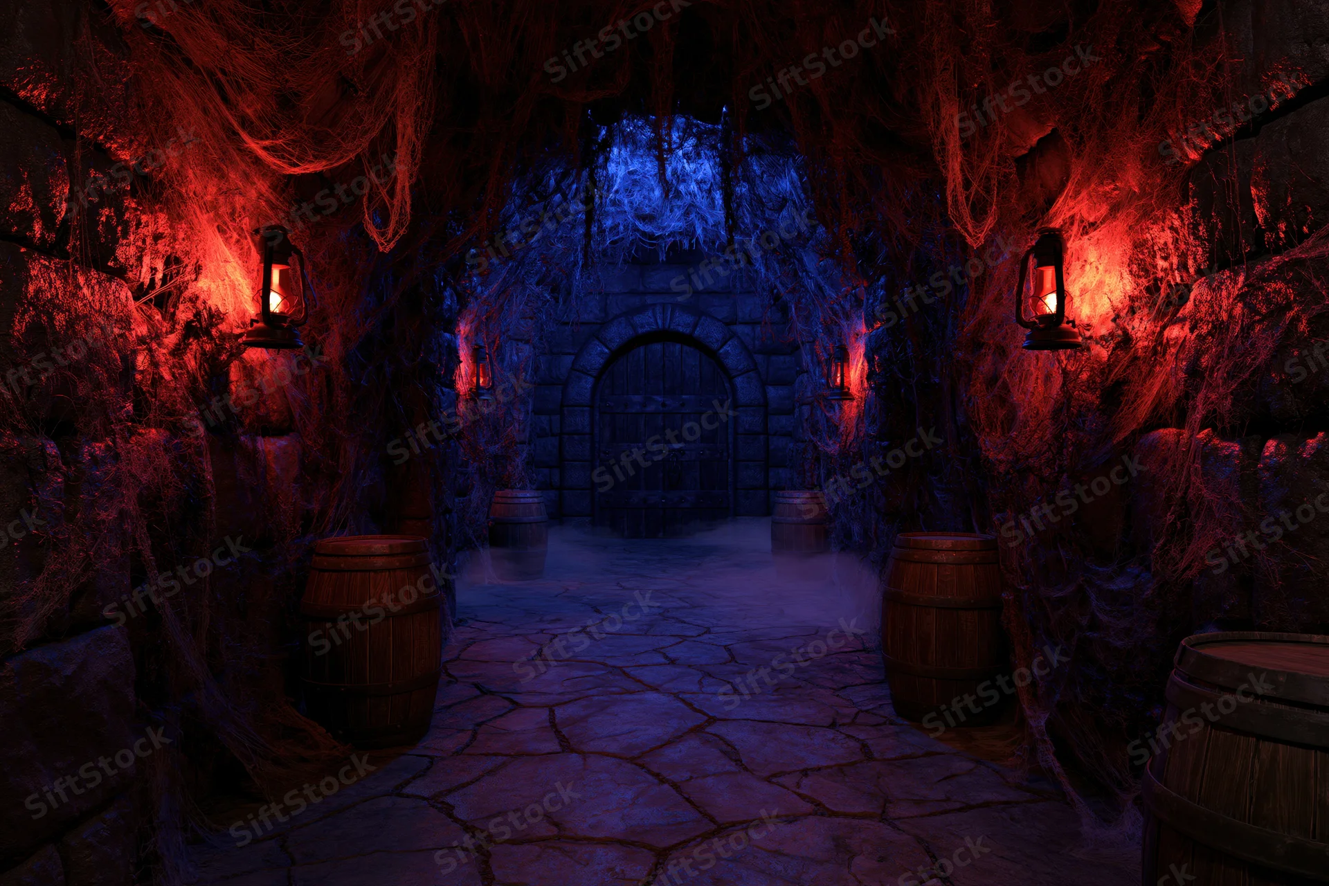 Dark stone dungeon corridor with lanterns and barrels leading to a heavy arched door