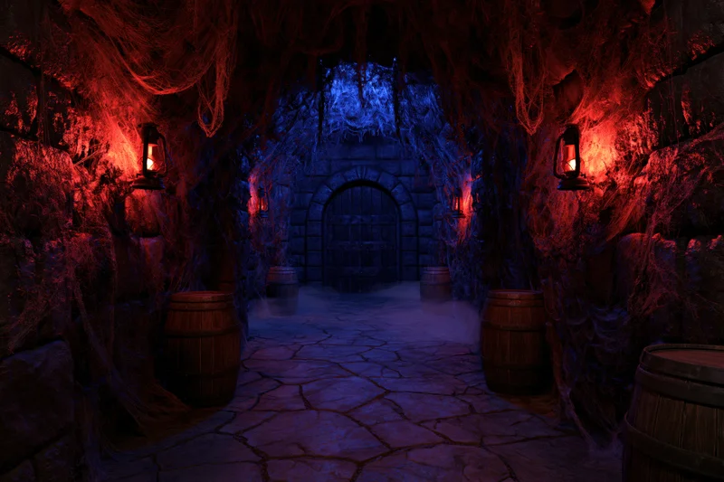 Dark stone dungeon corridor with lanterns and barrels leading to a heavy arched door
