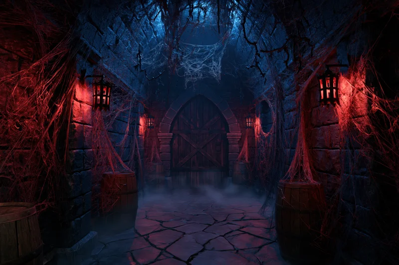 Dark stone dungeon corridor with arched wooden door, cobwebs, lanterns, and mist, lit by red and blue light