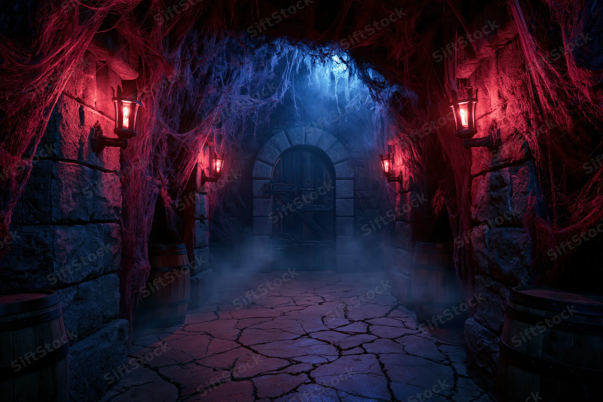 Dark stone dungeon corridor with cobwebs and lanterns leading to an arched door