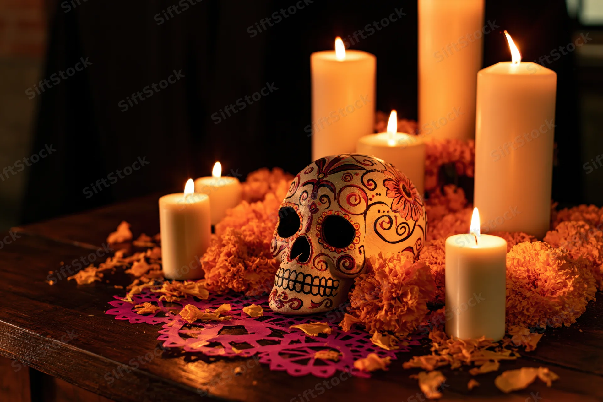 Decorated skull and candles on a wooden table surrounded by marigolds and paper doily for day of the dead altar
