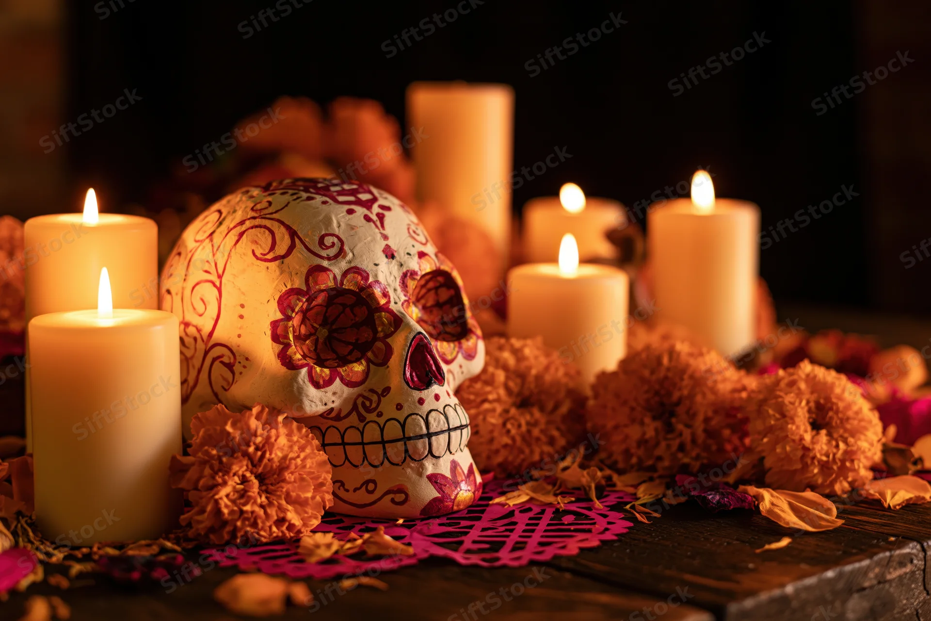 Decorated sugar skull on an altar with lit candles and marigolds on dark wood