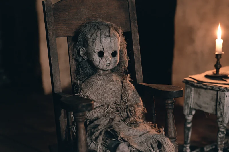 Decayed antique doll with cracked pale face and hollow dark eyes sitting in a wooden rocking chair beside a lit candle on a rustic table