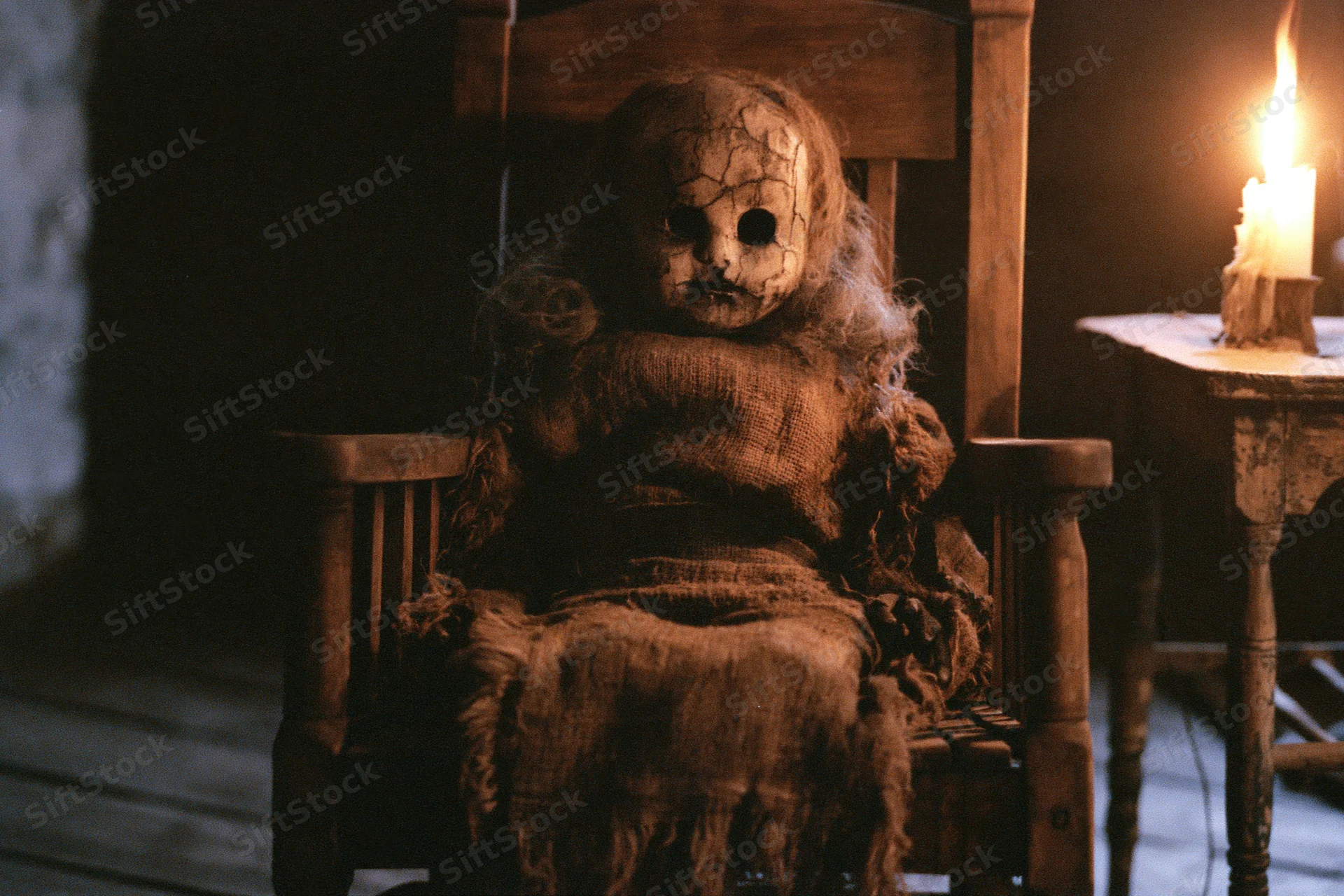 Decayed antique doll with cracked pale face and hollow eyes sitting in wooden chair beside lit candle in dim room