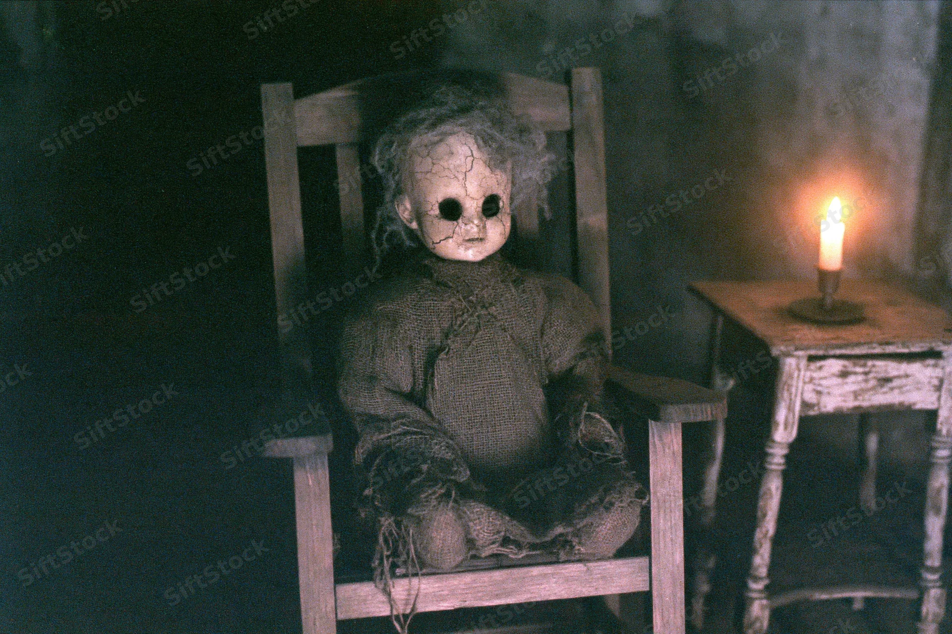 Decayed antique doll with cracked pale face and hollow dark eyes sitting in wooden chair beside lit candle on rustic table in dim shadowy room