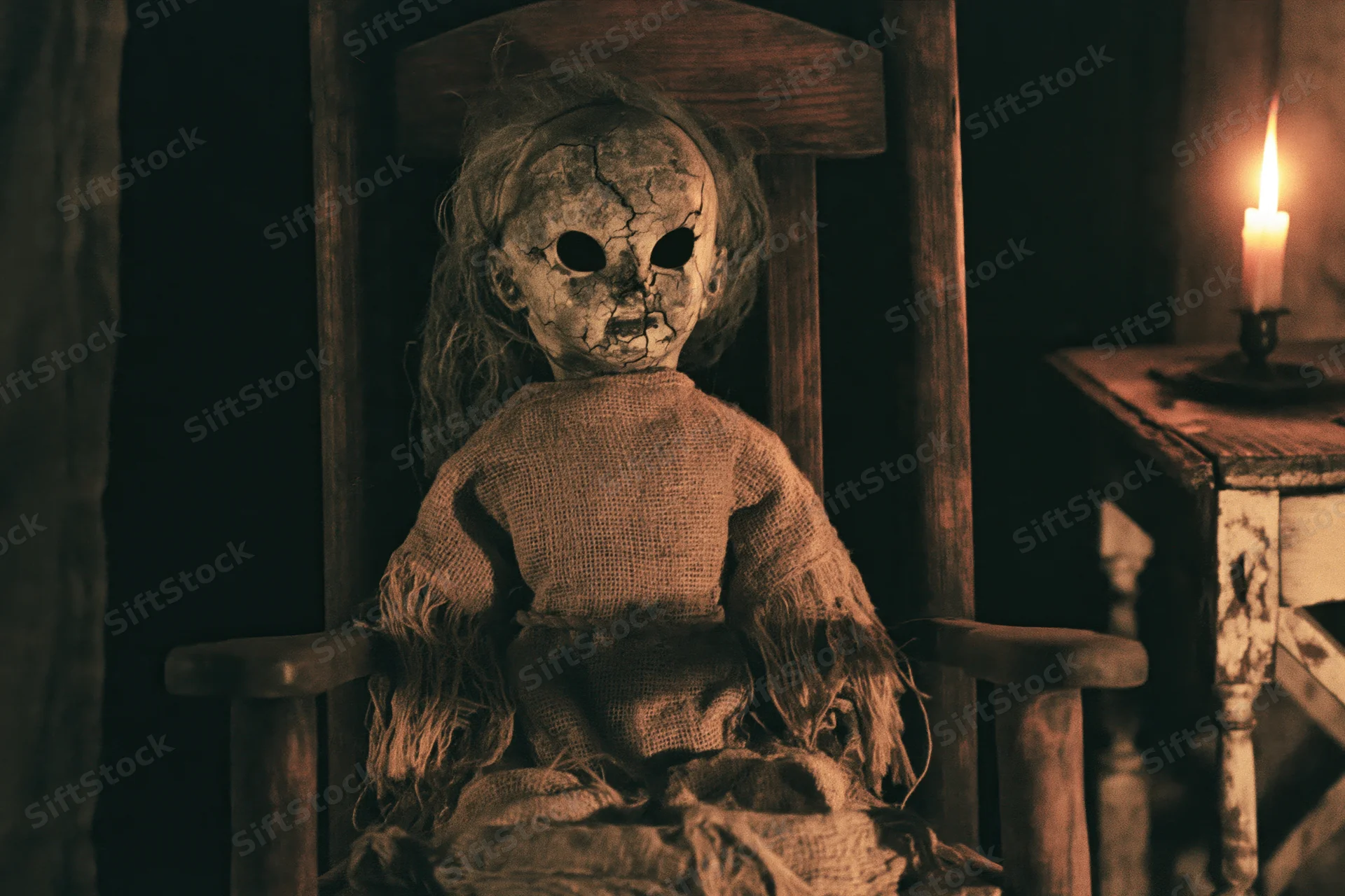 Decayed antique doll with cracked pale face and hollow eyes sitting in wooden chair beside lit candle on rustic table