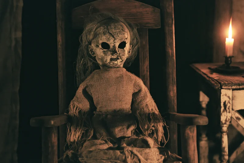 Decayed antique doll with cracked pale face and hollow eyes sitting in wooden chair beside lit candle on rustic table