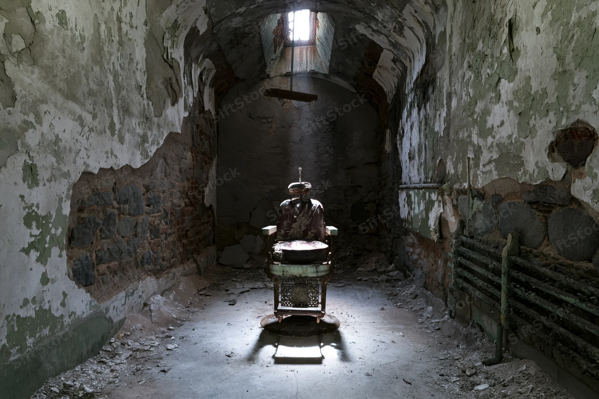 Decayed vintage dental chair centered in dim abandoned stone-walled corridor with light beam from ceiling window