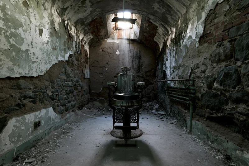 Decayed vintage dental chair centered in a dim abandoned stone corridor with light beam from ceiling opening