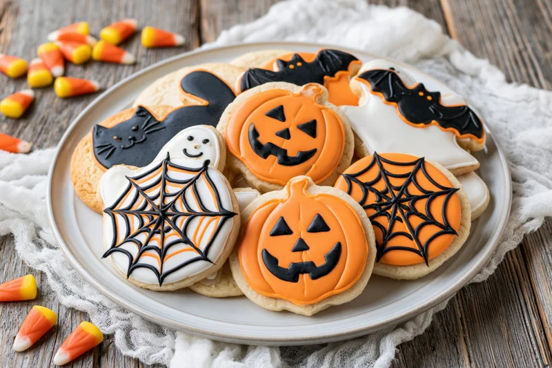Decorated halloween sugar cookies piled on a white ceramic plate with candy corn on a wooden table