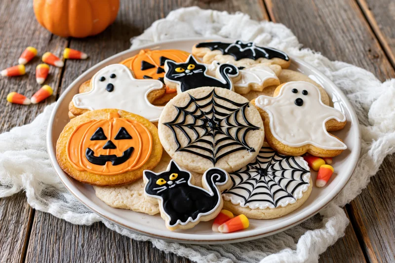 Decorated halloween sugar cookies on a white ceramic plate with candy corn and pumpkins on a wooden table