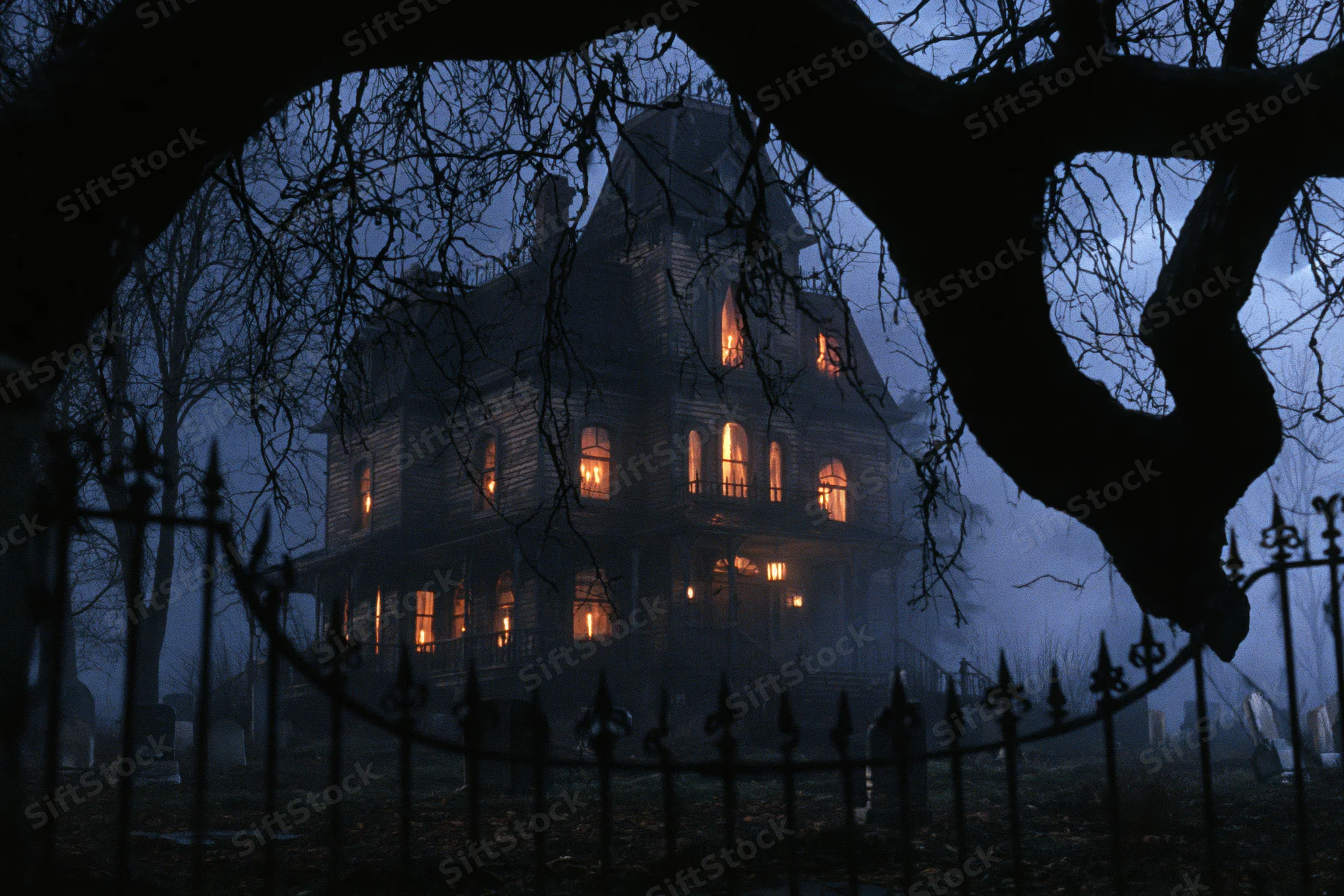 Decaying victorian mansion with glowing amber windows viewed through bare tree branches and iron fence at night