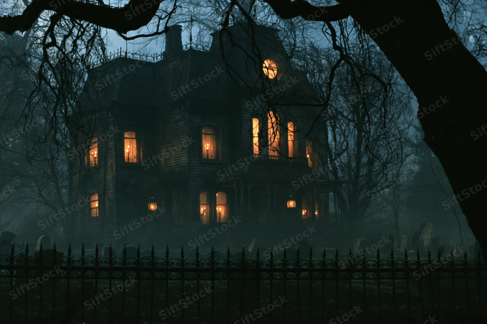 Decrepit victorian mansion with glowing amber windows at night surrounded by fog and graveyard