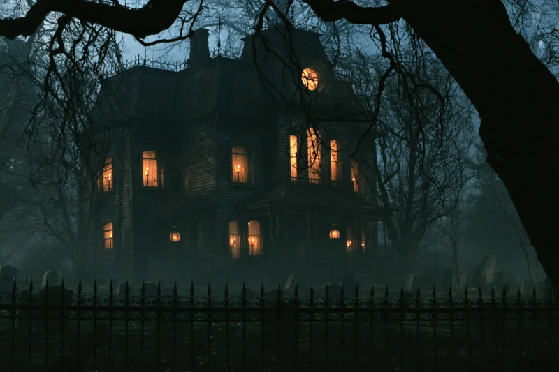 Decrepit victorian mansion with glowing amber windows at night surrounded by fog and graveyard