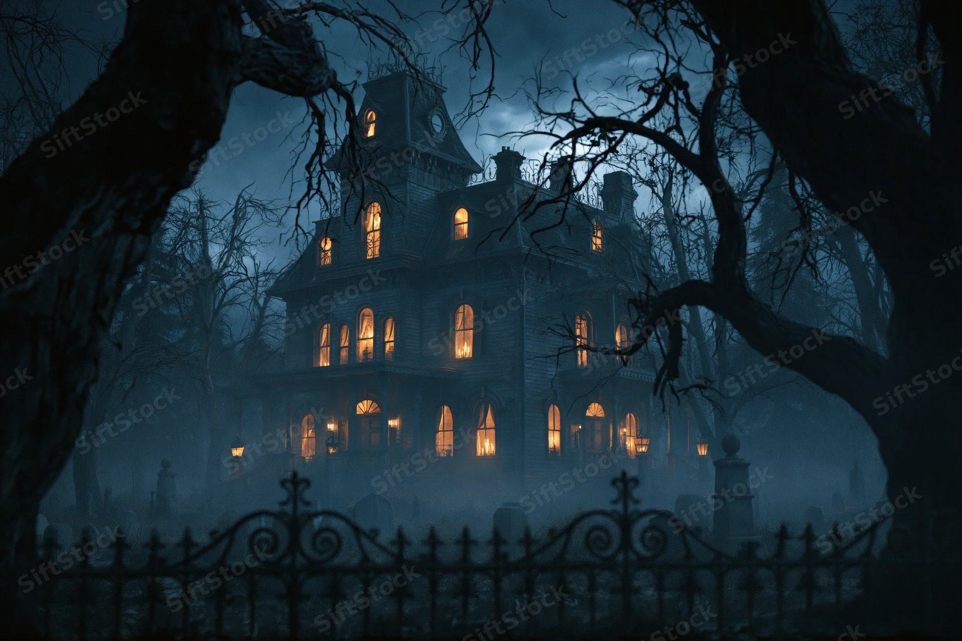 Decrepit victorian mansion with glowing amber windows at night surrounded by bare trees and a graveyard