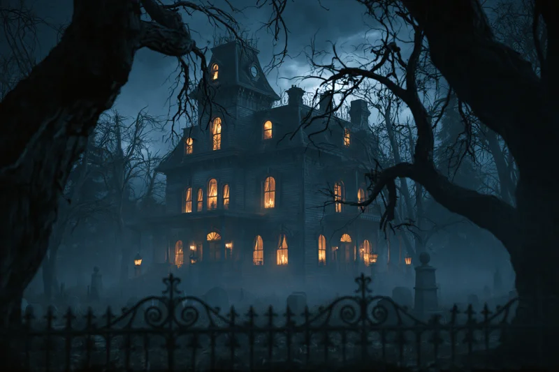 Decrepit victorian mansion with glowing amber windows at night surrounded by bare trees and a graveyard