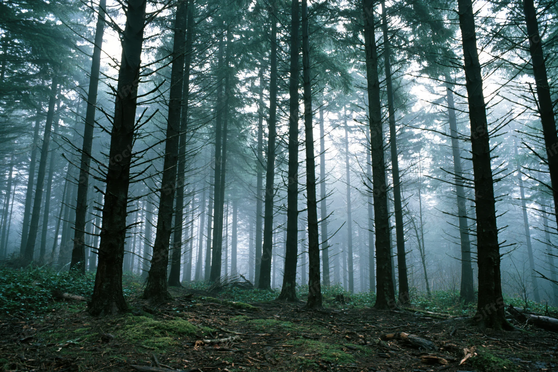 Dense conifer forest interior shrouded in heavy morning fog with tall trees and mossy ground
