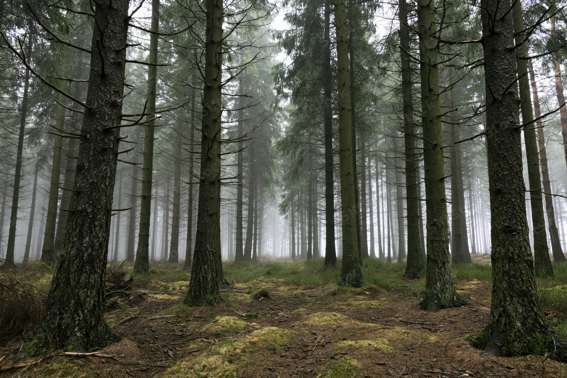 Tall spruce trees in a misty dense forest with mossy ground and bare trunks