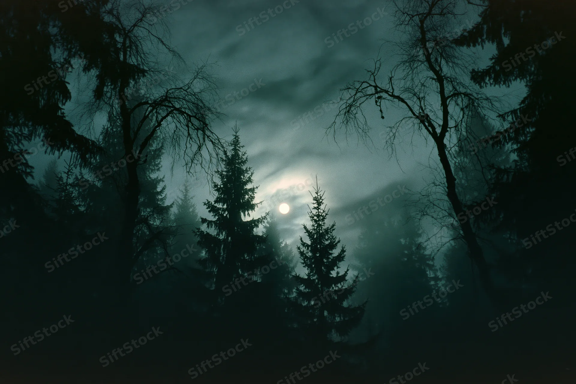Dense conifer forest silhouetted against a full moon rising through misty sky at night
