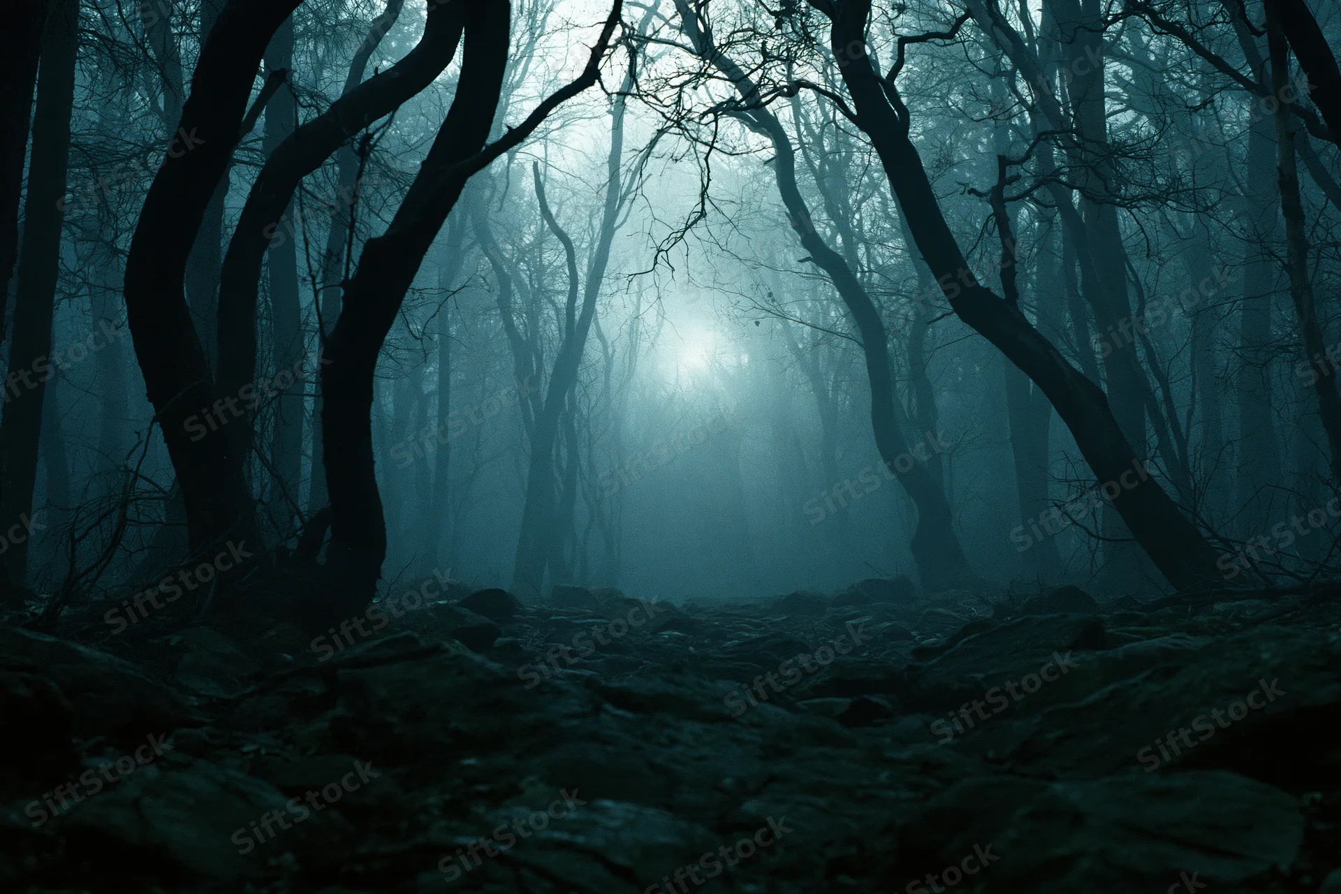 Dark forest path at night with bare twisted trees silhouetted in fog under moonlight