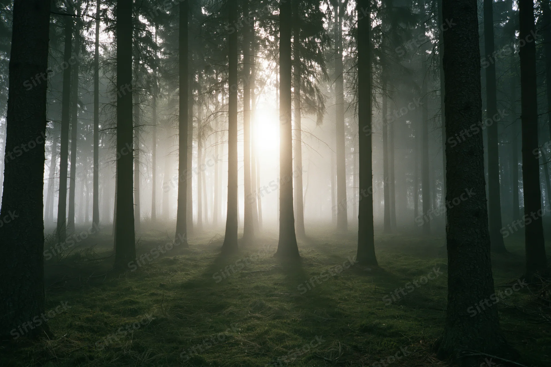Sunlight filtering through tall dark trees in a foggy forest at dawn