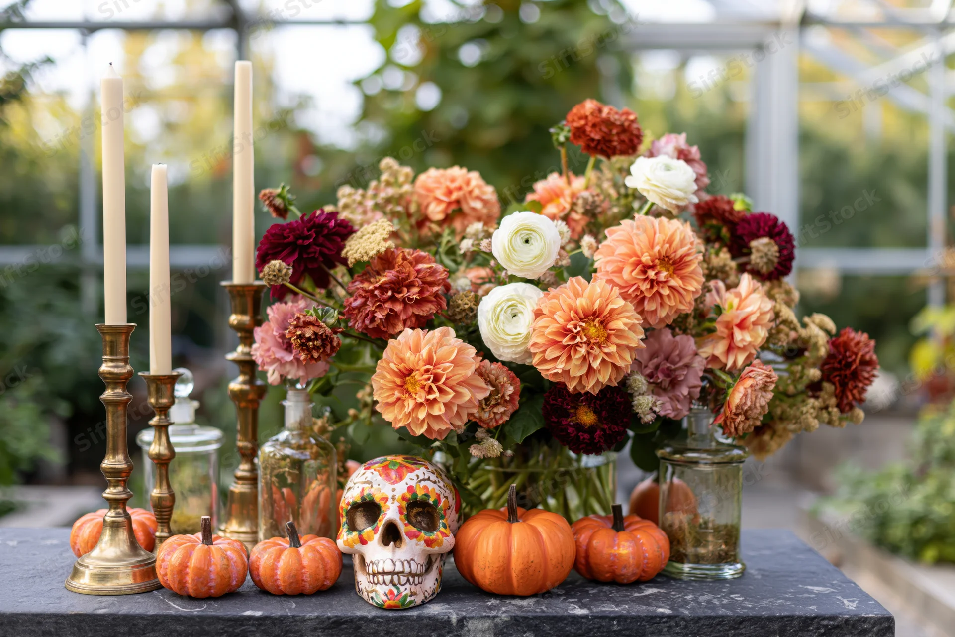 Autumn table display with floral arrangement, pumpkins, skull, and candles in greenhouse setting