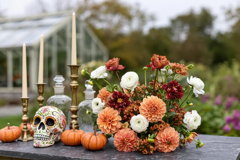 Decorated outdoor table with floral arrangement, sugar skull, pumpkins and candles near greenhouse