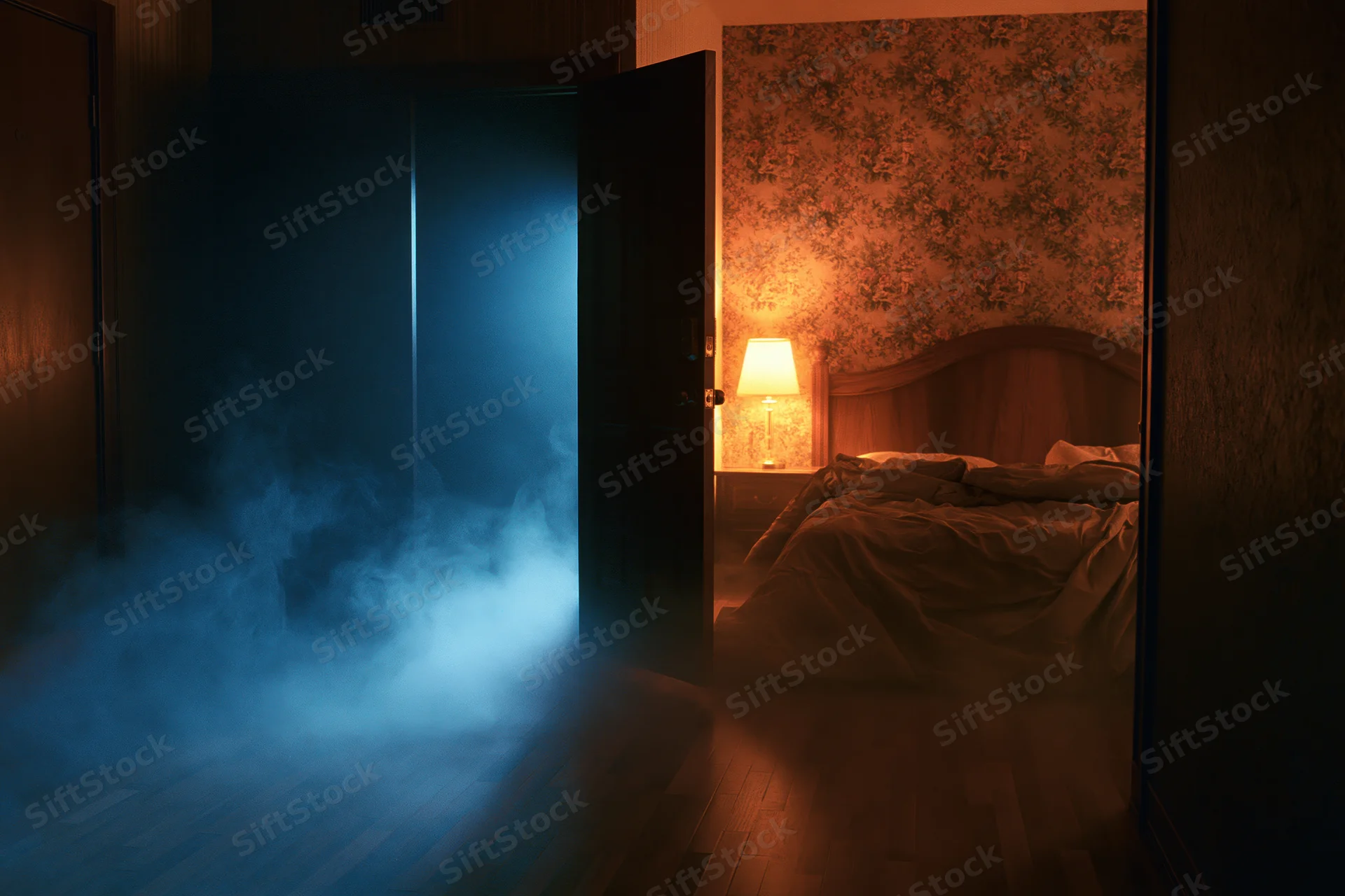 Dimly lit motel room at night with open door letting in blue smoke, unmade bed visible under warm lamp light