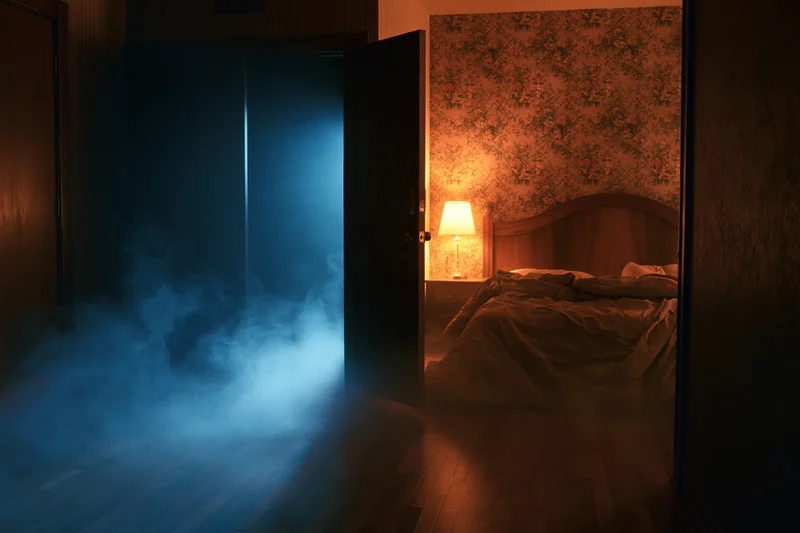 Dimly lit motel room at night with open door letting in blue smoke, unmade bed visible under warm lamp light