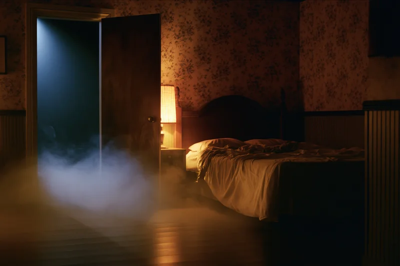 Dimly lit motel bedroom at night with open door letting in smoke and light from outside