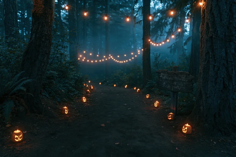 Dirt path through misty forest at night lined with glowing jack-o-lanterns and string lights