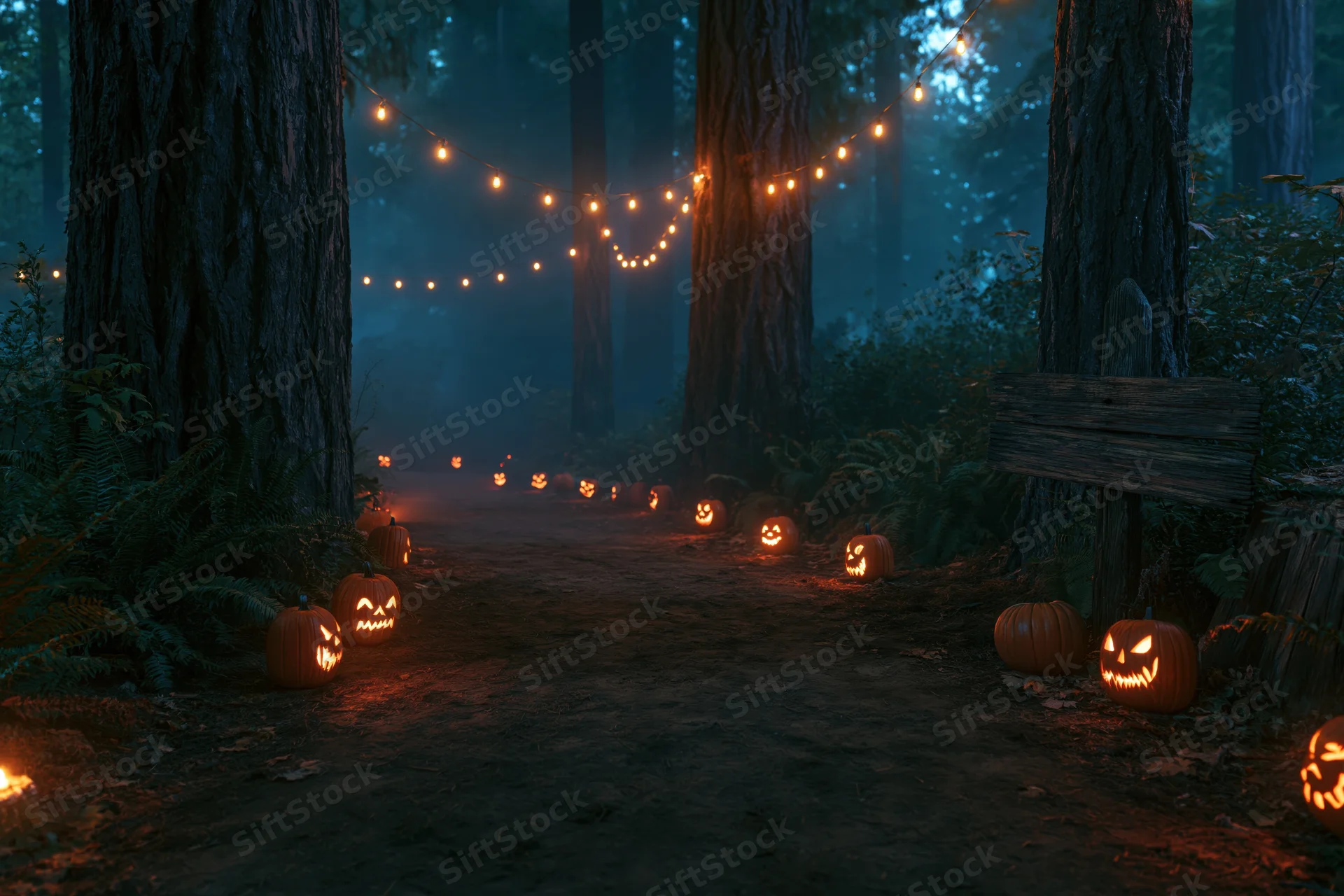 Dirt path through misty forest at night lined with glowing jack-o-lanterns and string lights