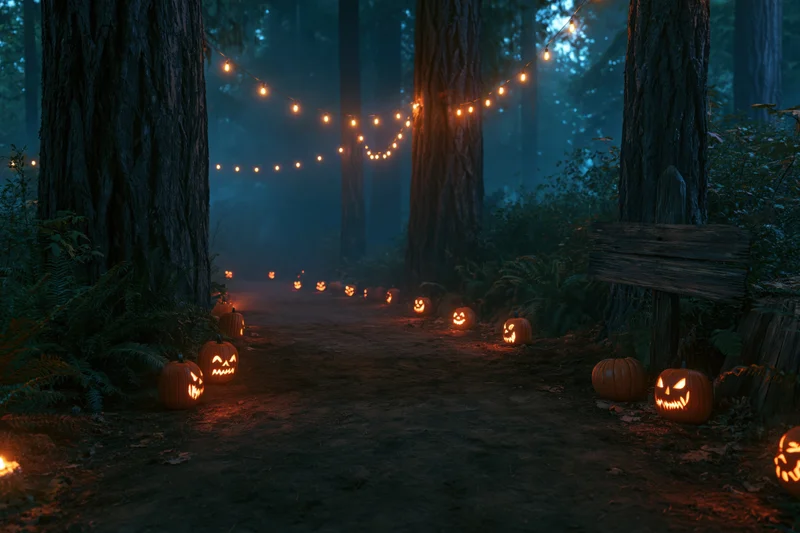 Dirt path through misty forest at night lined with glowing jack-o-lanterns and string lights