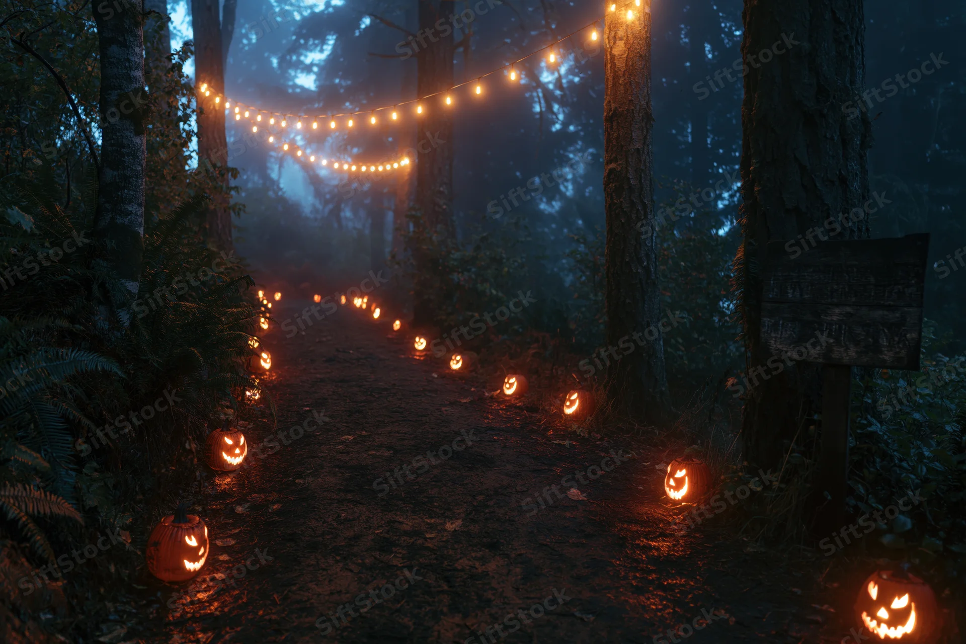 Dirt path through misty forest at night lined with glowing jack-o'-lanterns and string lights