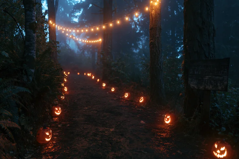 Dirt path through misty forest at night lined with glowing jack-o'-lanterns and string lights
