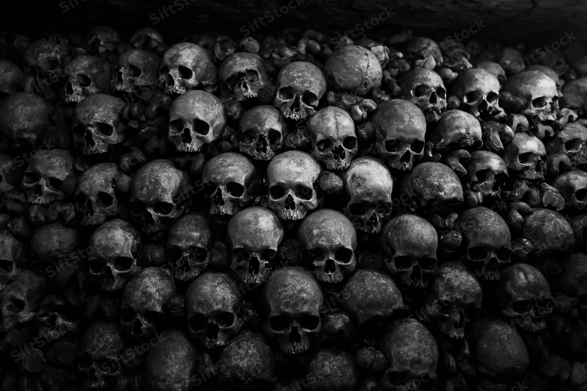 Ancient human skulls densely packed in a dark underground ossuary
