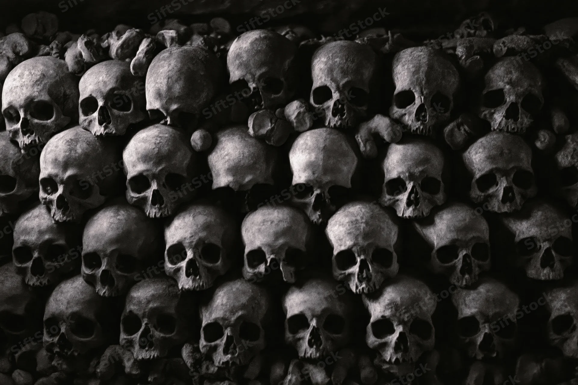 Human skulls densely packed on a dark floor in an underground ossuary