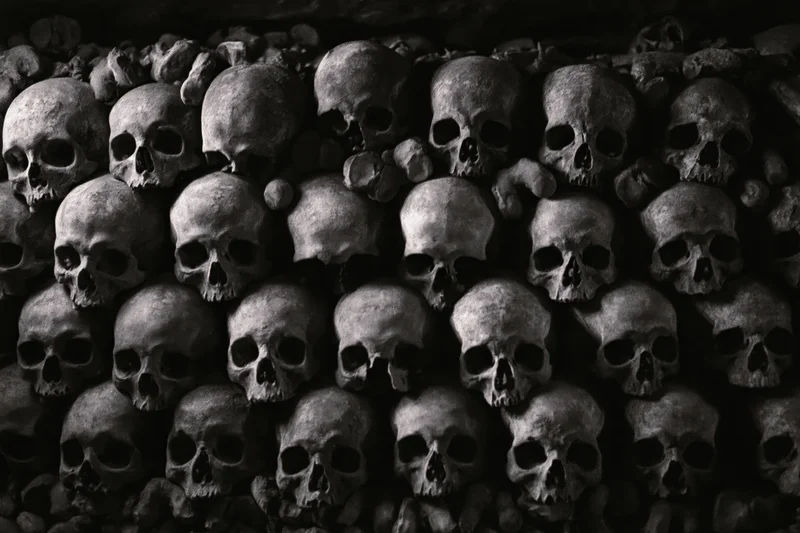 Human skulls densely packed on a dark floor in an underground ossuary