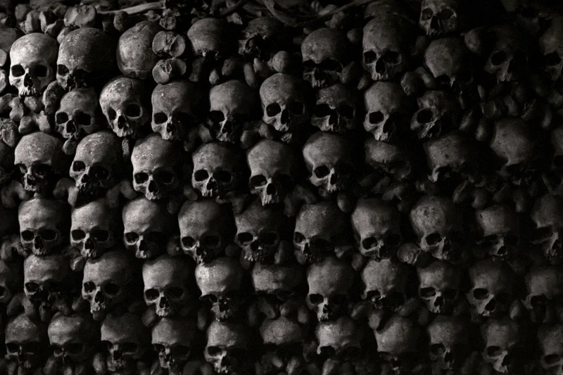 Densely packed human skulls and bones arranged in a dark ossuary floor