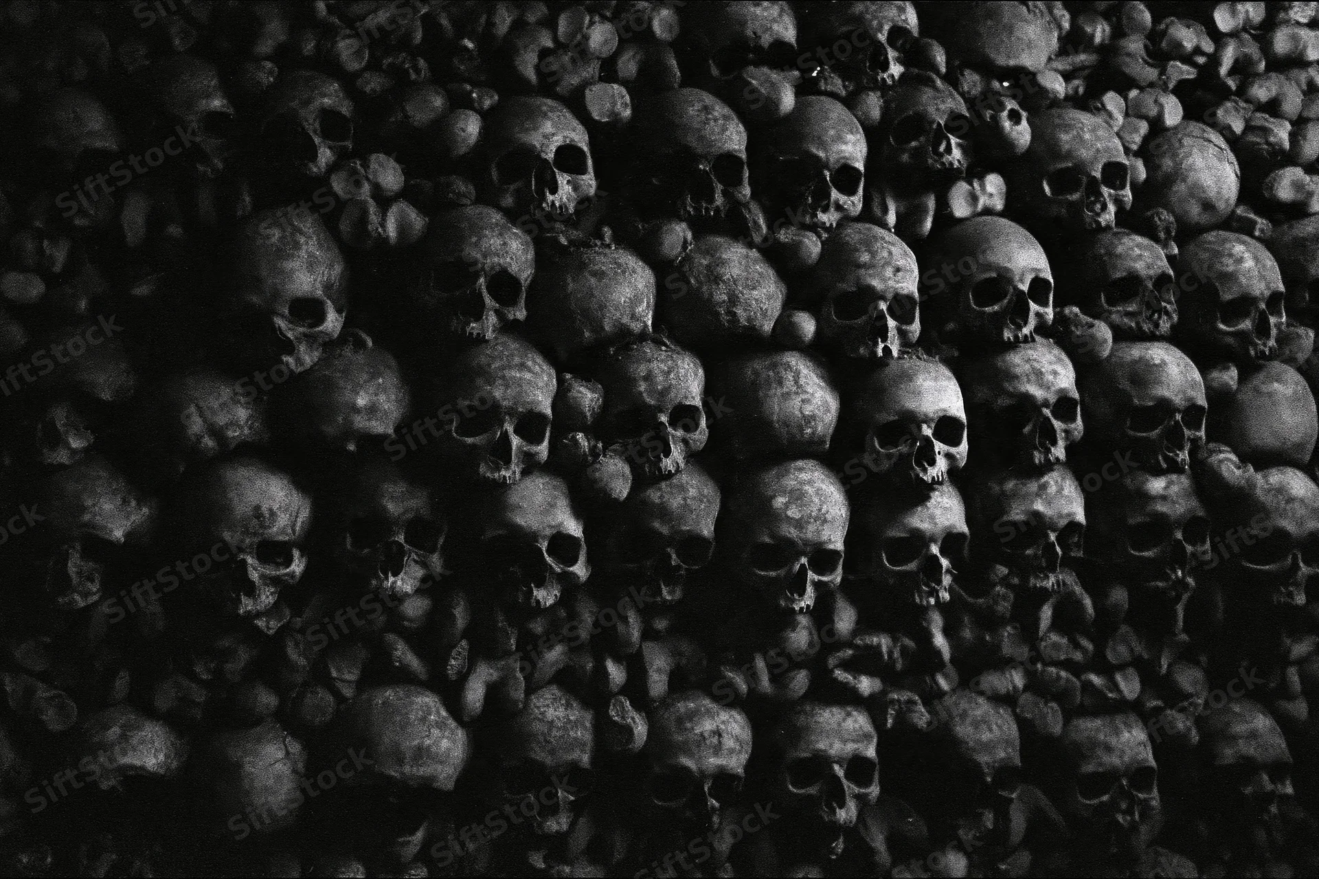 Ancient human skulls and bones densely packed on a dark floor in an ossuary