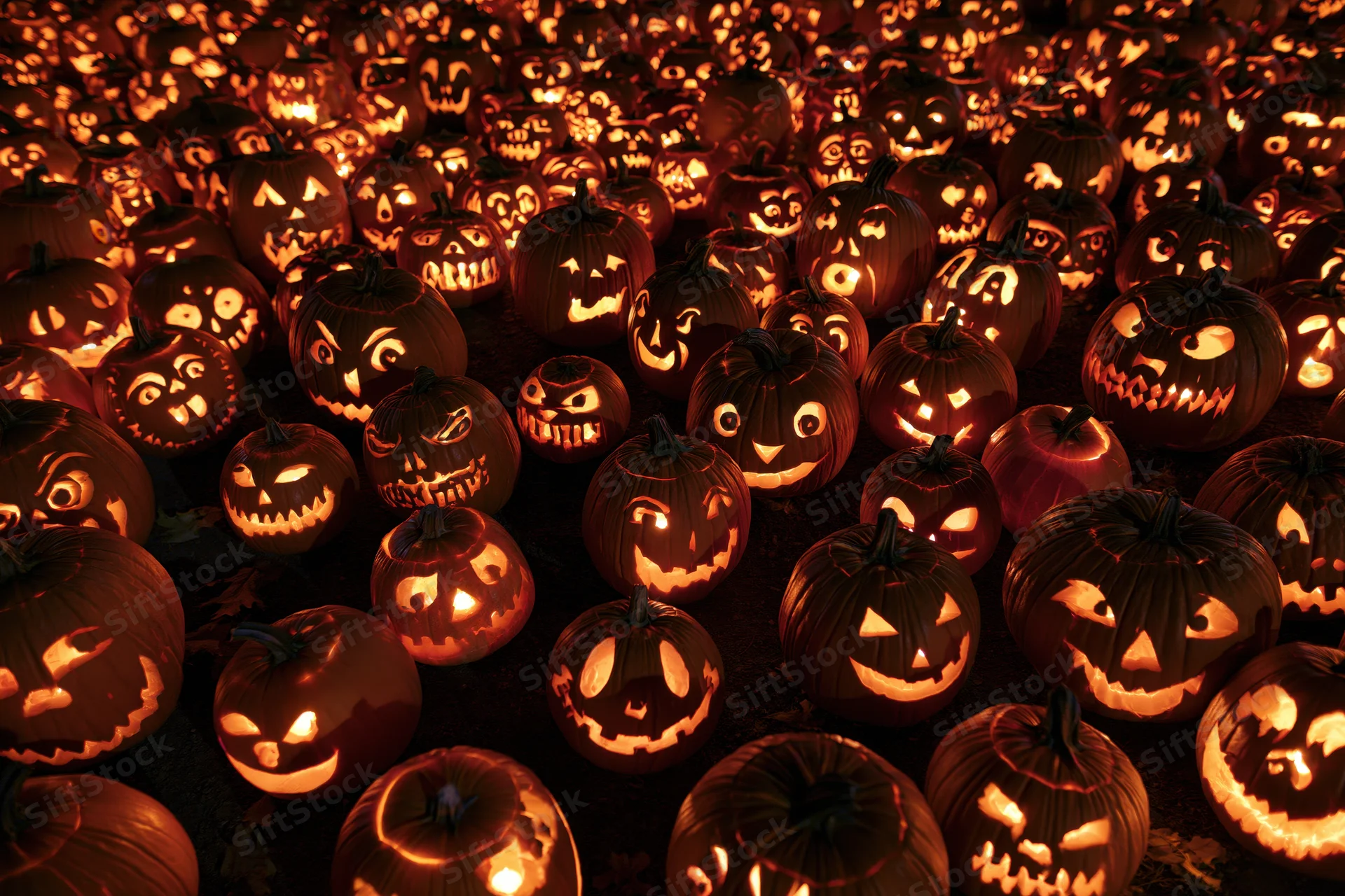 Dozens of carved jack-o-lanterns glowing in the dark at night