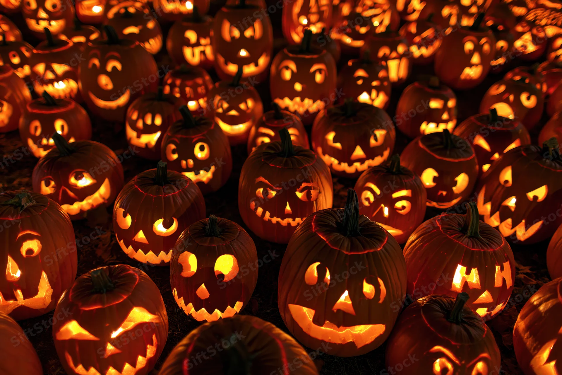 Dozens of carved jack-o-lanterns glowing at night in an outdoor display