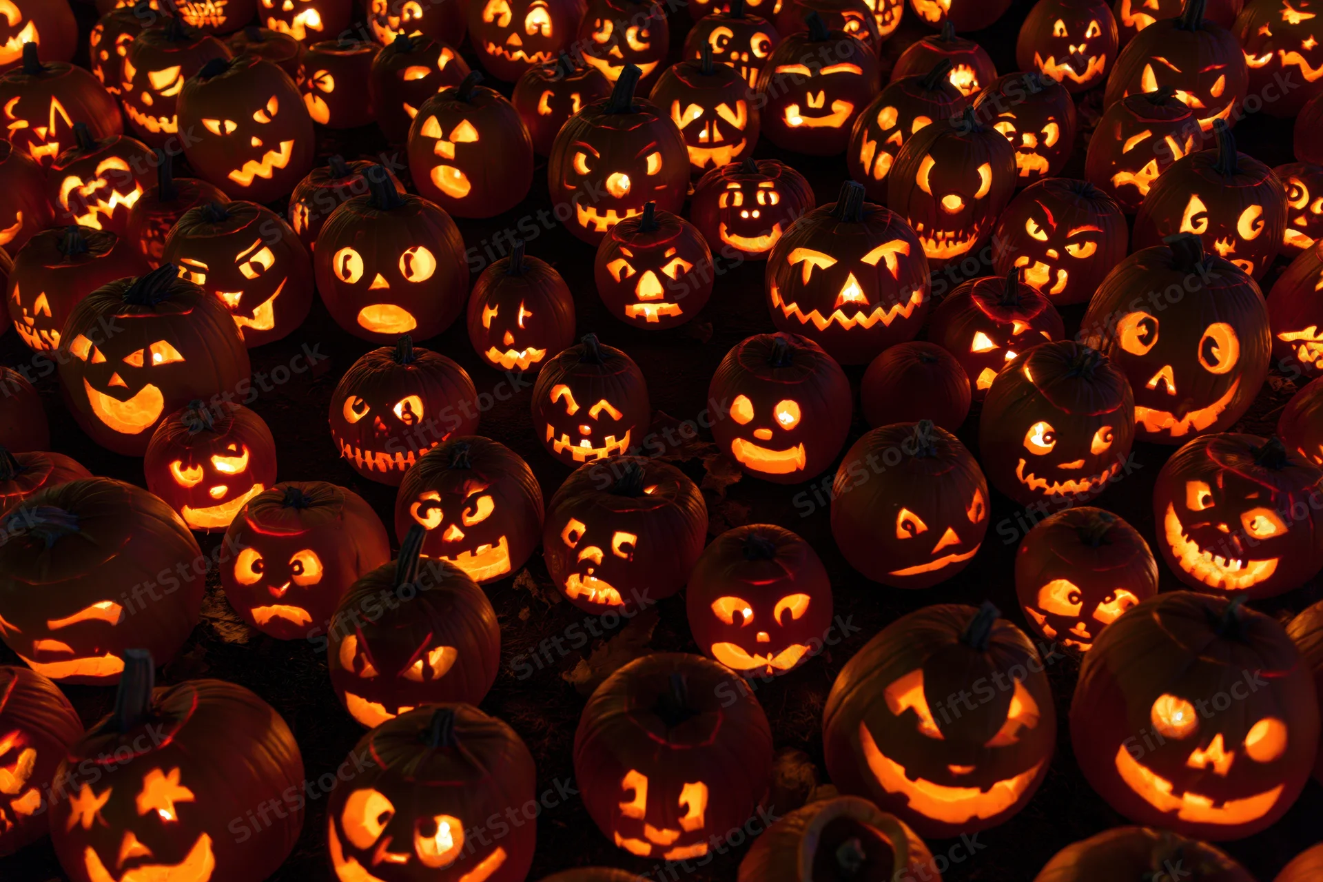 Dozens of carved jack-o-lanterns glowing in the dark at night