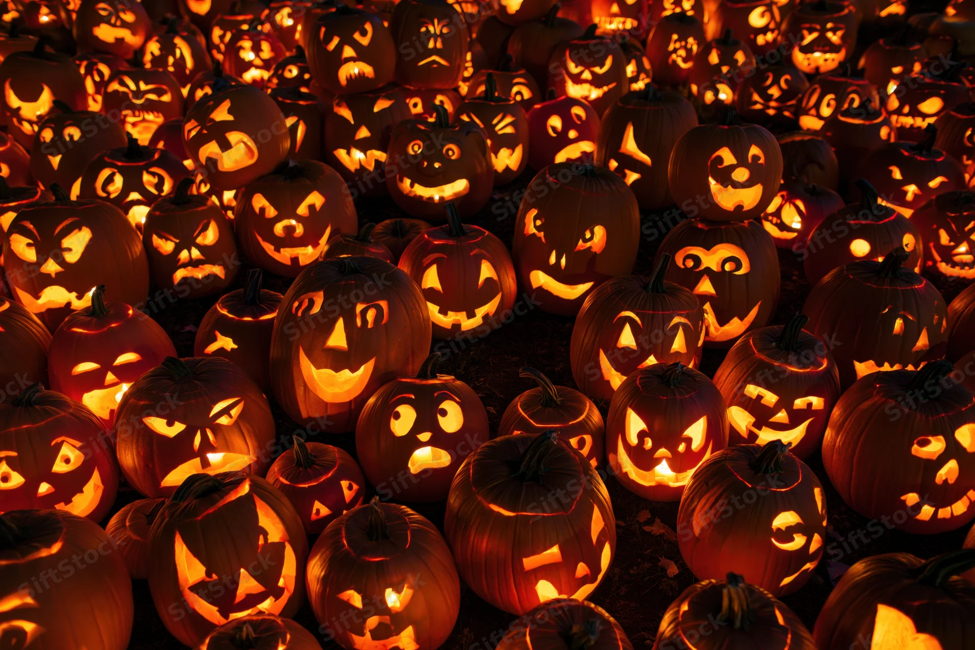 Dozens of carved jack-o-lanterns glowing in the dark at night